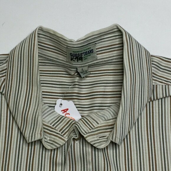 Guess Jeans Mens Long Sleeved Shirt Blue Brown Striped Cotton Size Large - Picture 3 of 10